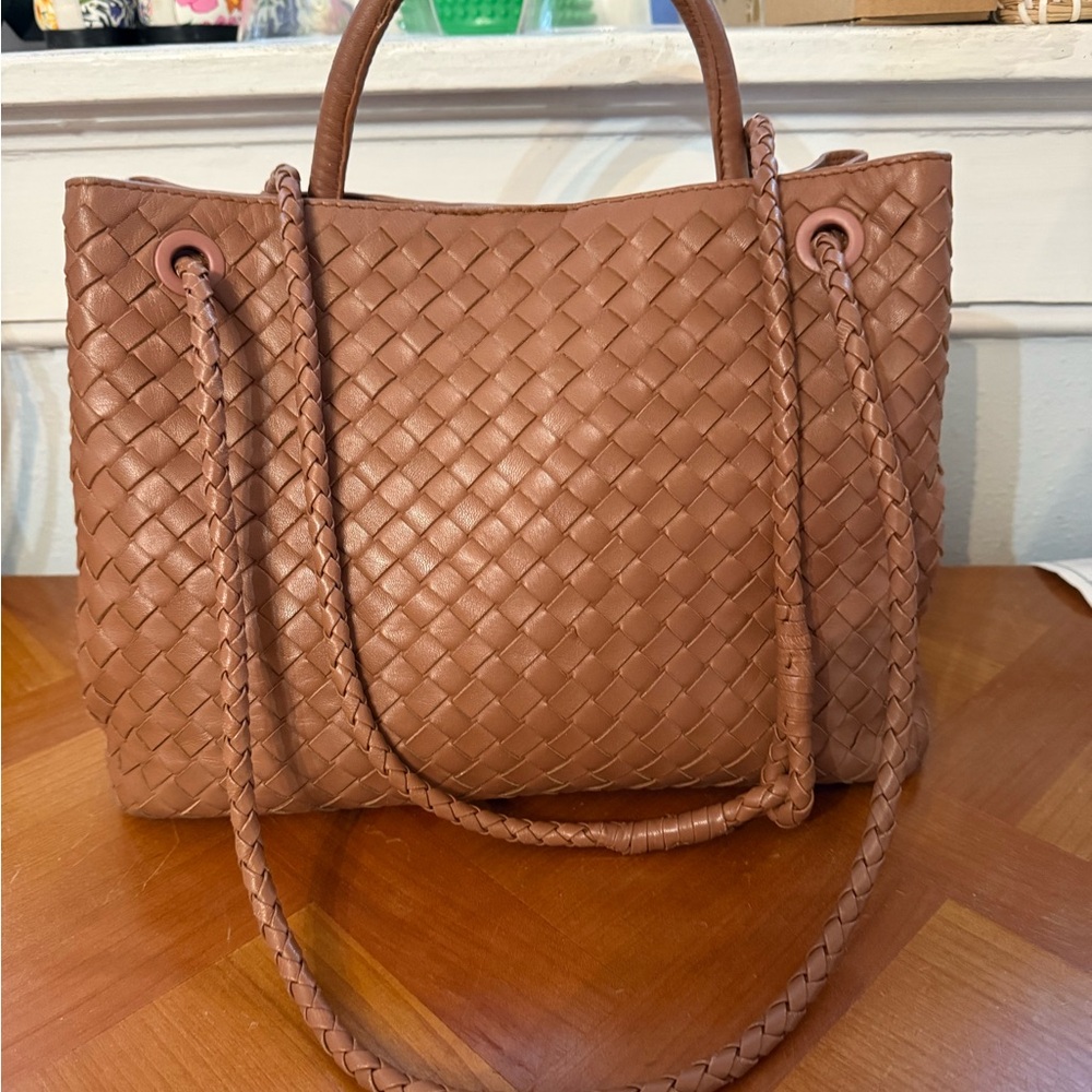 Quince Italian Leather Handwoven Satchel Cognac